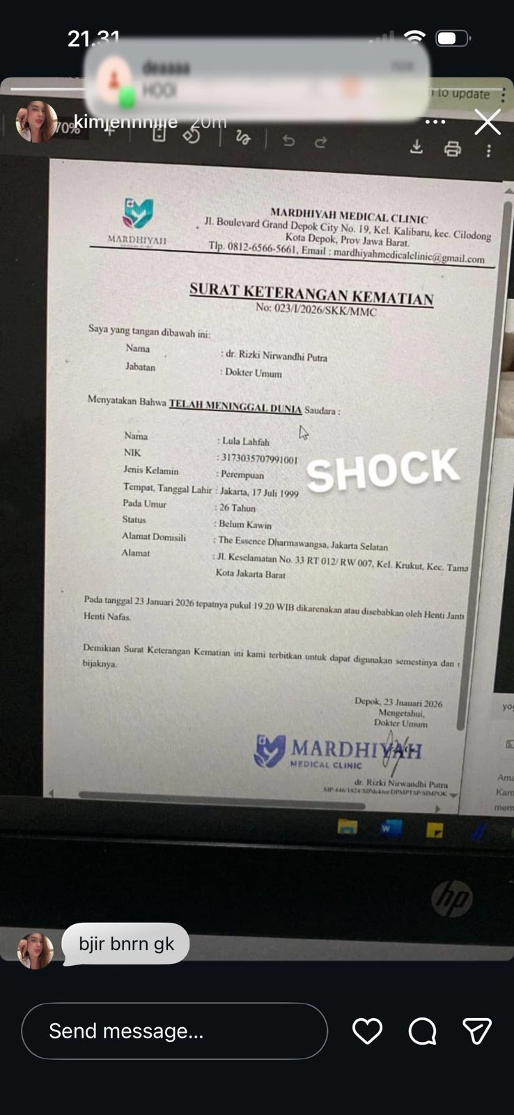 Surat kematian Lula Lahfah. 