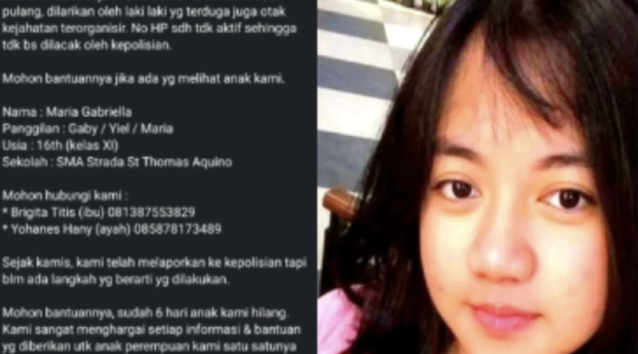 Biodata Gaby Siswi SMA Strada Santo Thomas Aquino Tangerang yang Masih Hilang