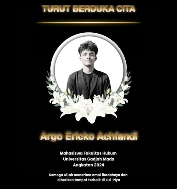 Argo Ericko Achfandi, mahasiwa UGM yang meninggal ditabrak mobil mewah Christiano Tarigan. [X]