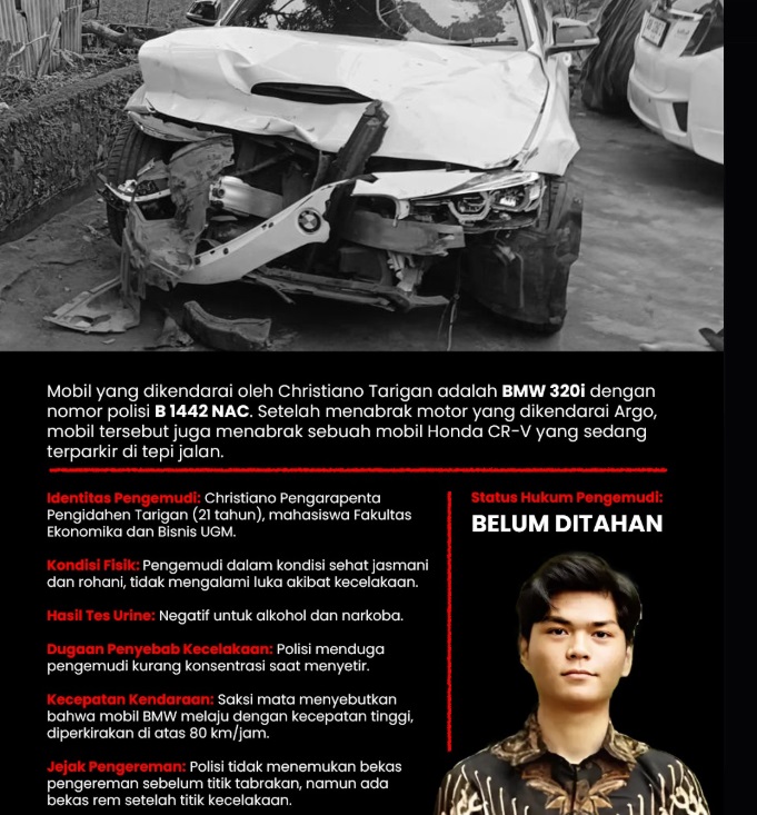 Cristiano Tarigan dan mobil BMW ringsek usai menabrak mahasiswa UGM Ericko. [X] 