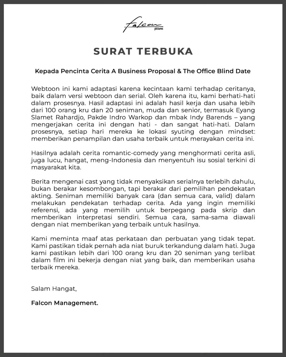 Imbas Kontroversi Abidzar Al Ghifari, Falcon Pictures Rilis Surat Terbuka Soal Film 'A Business Proposal'