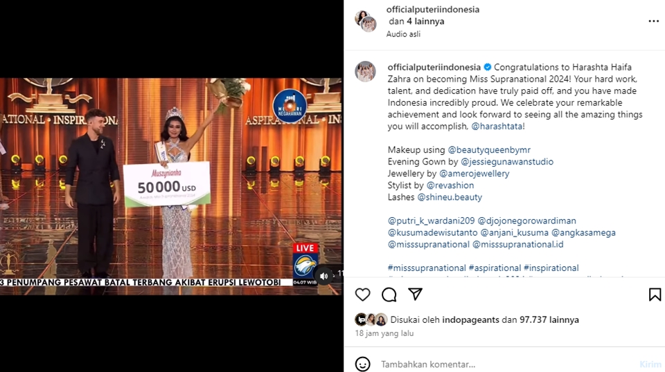 Menang Miss Supranational 2024, Harashta Haifa Dapat Hadiah Rp812 Juta