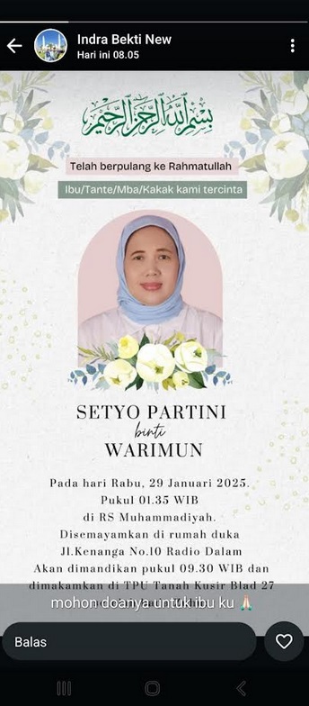 Ibu Sambung Indra Bekti Meninggal Dunia