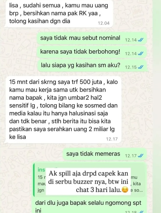 Chat Lisa Mariana dengan diduga RK menawarkan duit rp2,5 miliar agar mau tutup mulut 