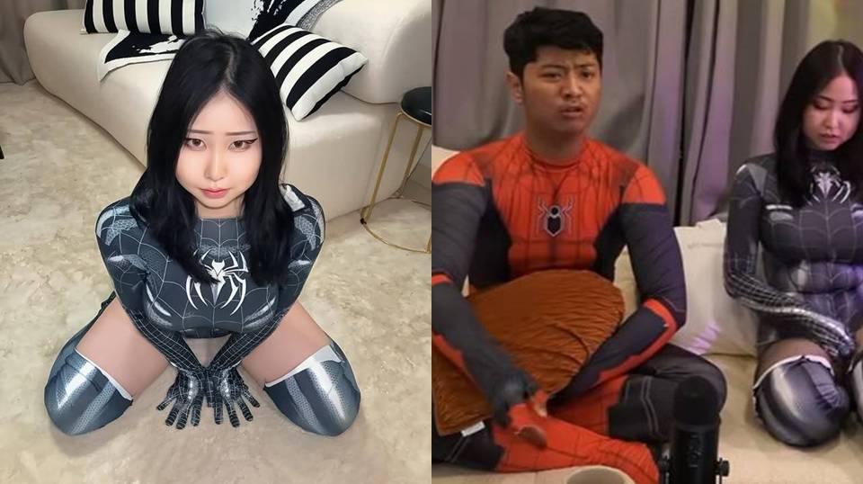 Kolase foto MsBreewc v Ello MG cosplay pakai kostum superhero Spiderman.  