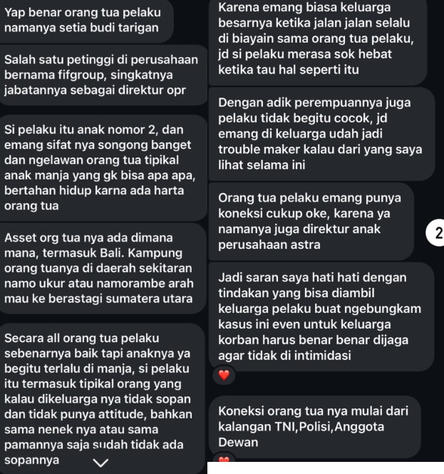 Tangkap layar percakapan yang menguliti karakter Cristian tarigan dan aset kekayaan Setia Budi Tarigan. [X]