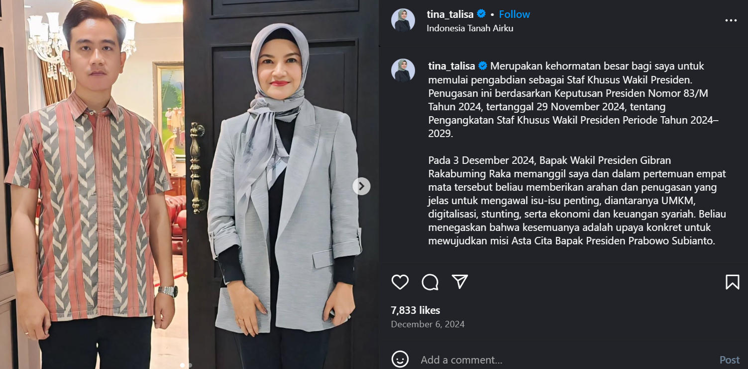 Tina Talisa didapuk jadi staf khusus Wakil Presiden Gibran [instagram]