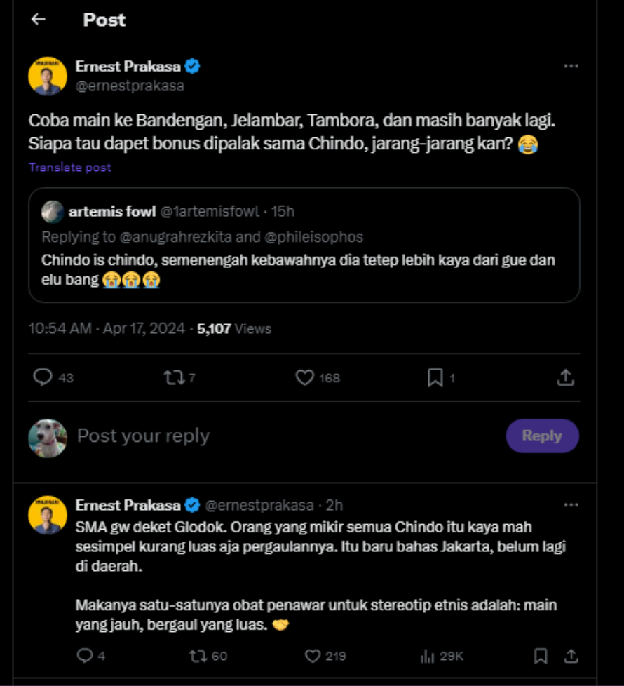 Ernest Prakasa Komentari Strata Kekayaan China Indo: Siapa tau dapet bonus dipalak sama Chindo
