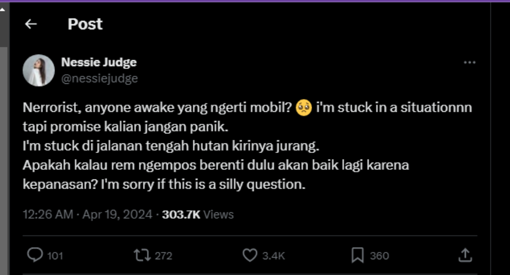 Nessie Judge Terjebak di Tengah Hutan Malam-Malam Minta Bantuan Netizen Twitter, Ada Apa?