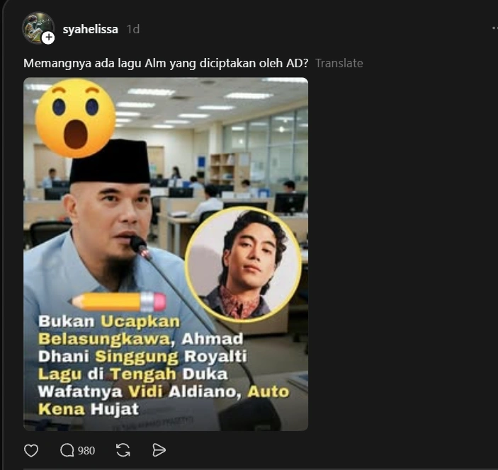 Ahmad Dhani Tuai Kritik Usai Singgung Royalti Di Tengah Duka Kematian Vidi Aldiano [Sumber: Threads]