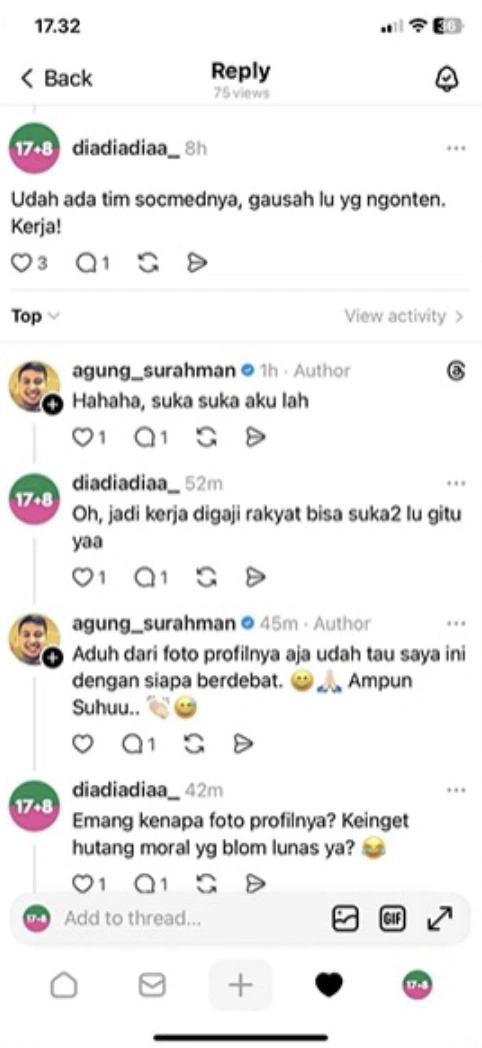 Aksi Balas Komentar Antara Agung Surahman Dan Netizen. [Threads]