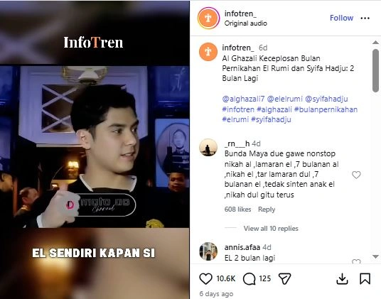 Al Ghazali Bocorkan Tanggal Pernikahan El Rumi Dan Syifa Hadju [Sumber: Instagram Infotren]