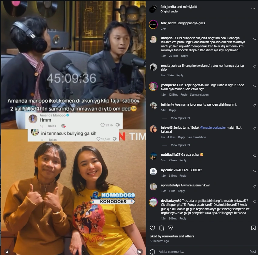 Amanda Manopo Tanggapi Video Fajar Sadboy Diludahi Indra Frimawan [Sumber: Instagram]