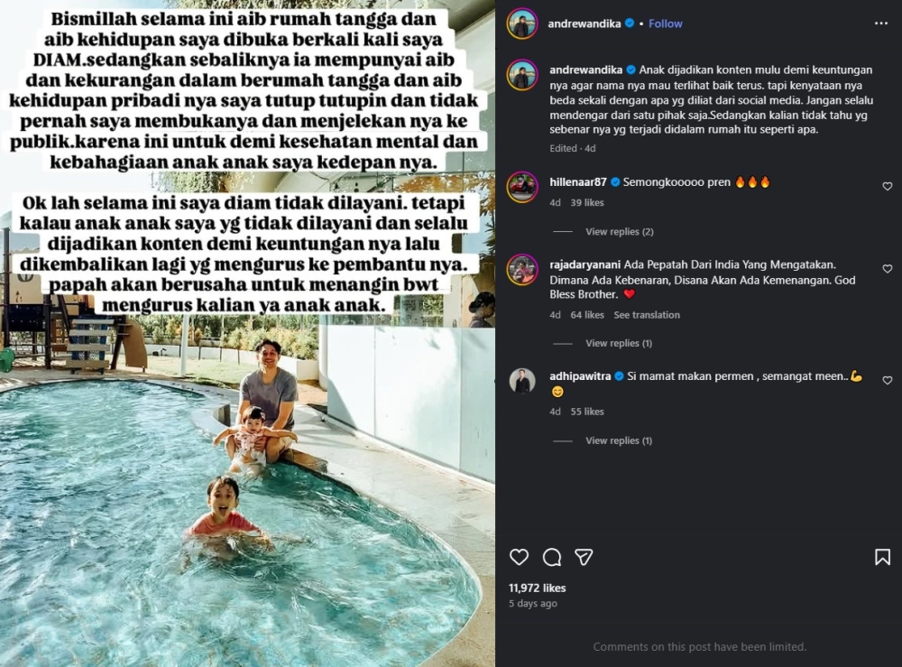 Andrew Andika Mengaku Selalu Tutupi Aib Rumah Tangga Akui Akan Ambil Alih Hak Asuh Anak Instagram Andrewandika