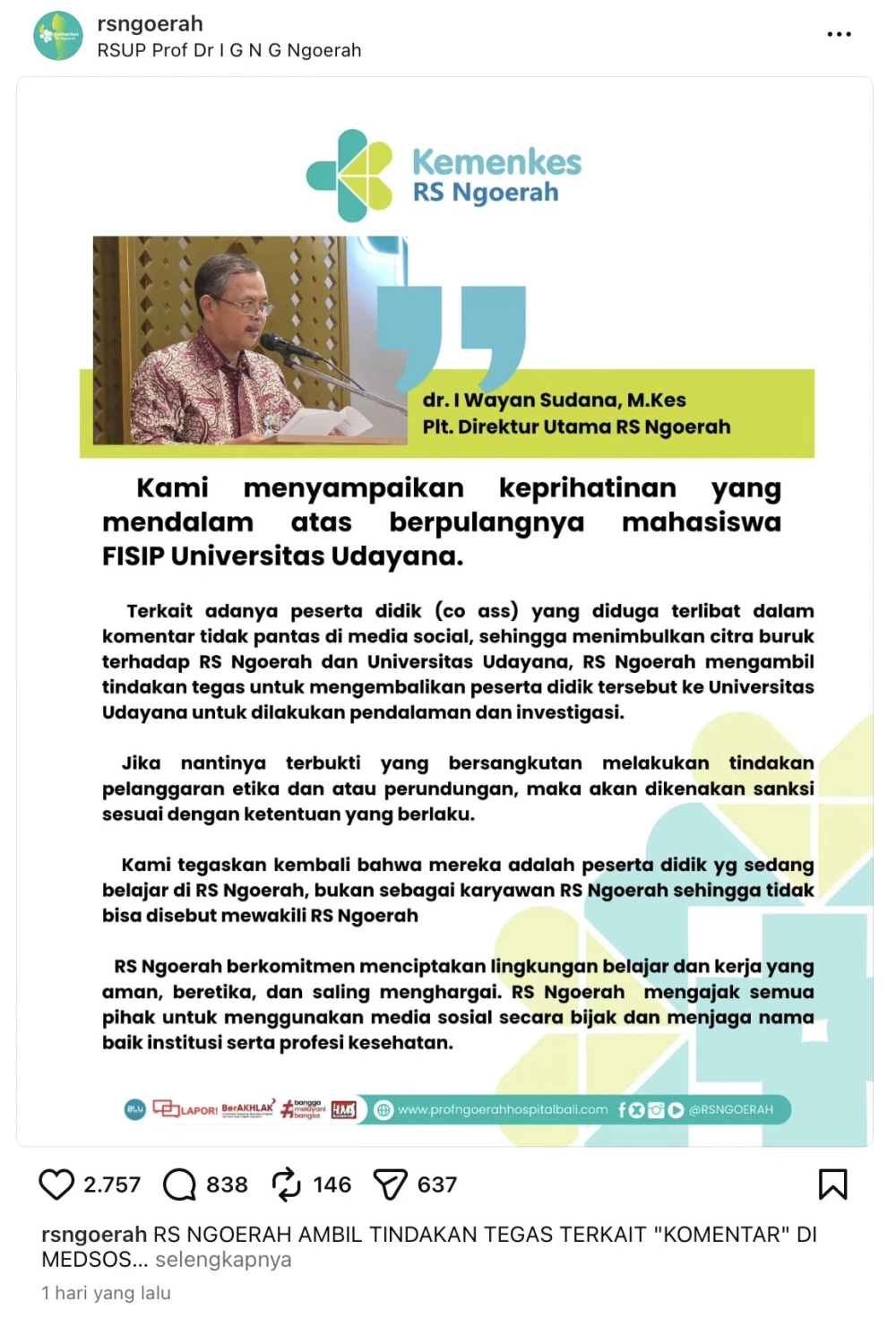 Angkap Layar Unggahan Akun Rs Ngoerah Terkait Peserta Coass Yang Diduga Ikut Memberi Komentar Buruk Terhadap Kematian Timothy Instagram Rsngoerah