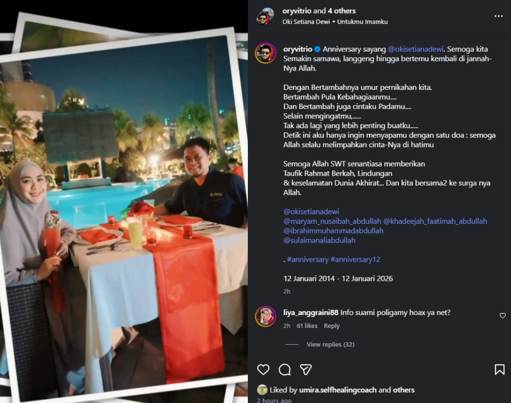 Anniversary Pernikahan Oki Setiana Dewi Dan Ory Vitrio [Sumber: Instagram]