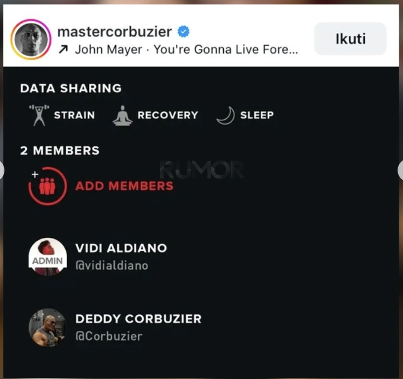 Aplikasi Whoop Deddy Corbuzier tak lagi memunculkan data soal Vidi Aldiano. [Instagram]