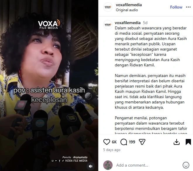 Asisten Aura Kasih Spil Hubungan Sang Artis Dengan Ridwan Kamil [Sumber: Instagram Voxafilemedia]