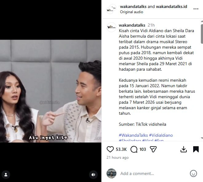 Awal Vidi Aldiano Jatuh Cinta Pada Sheila Dara[sumber: Instagram Wakandatalks]