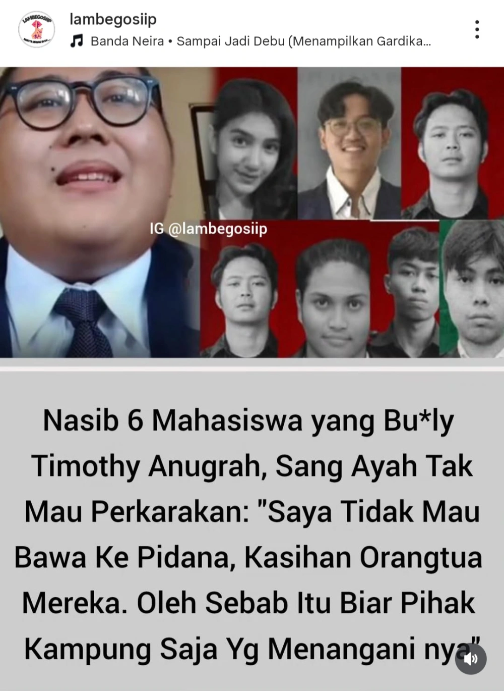 Ayah Timothy Tidak Laporkan Pembully Unggahan Instagram Lambegosiip