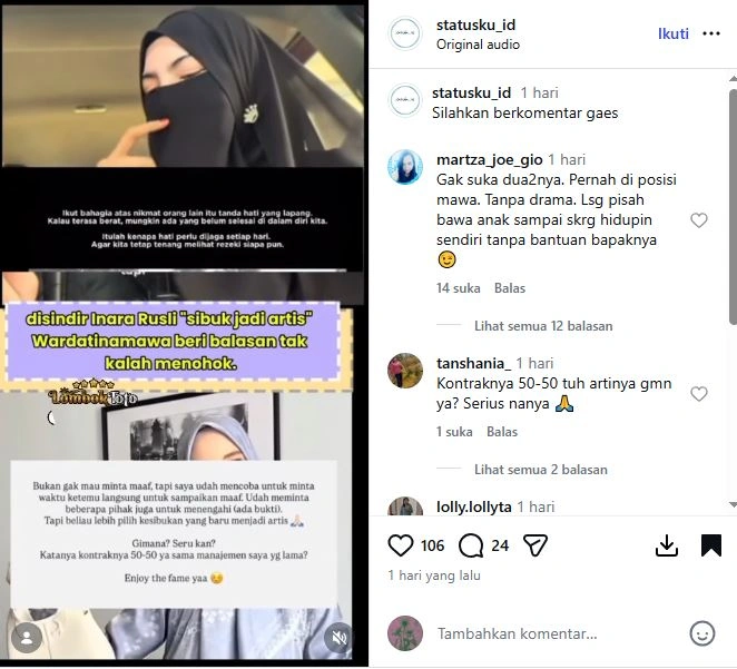 Balasan Mawa Usai Disindir Inara Rusli [Sumber: Instagram Statusku Id]
