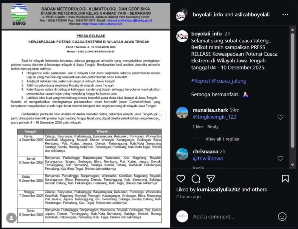 Bmkg Rilis Informasi Cuaca Ekstrem Di Jateng Cc Instagram