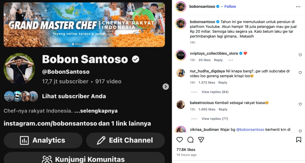 Bobon Santoso umumkan pensiun dari Youtube dan jual akunnya 20 miliar. [Instagram]