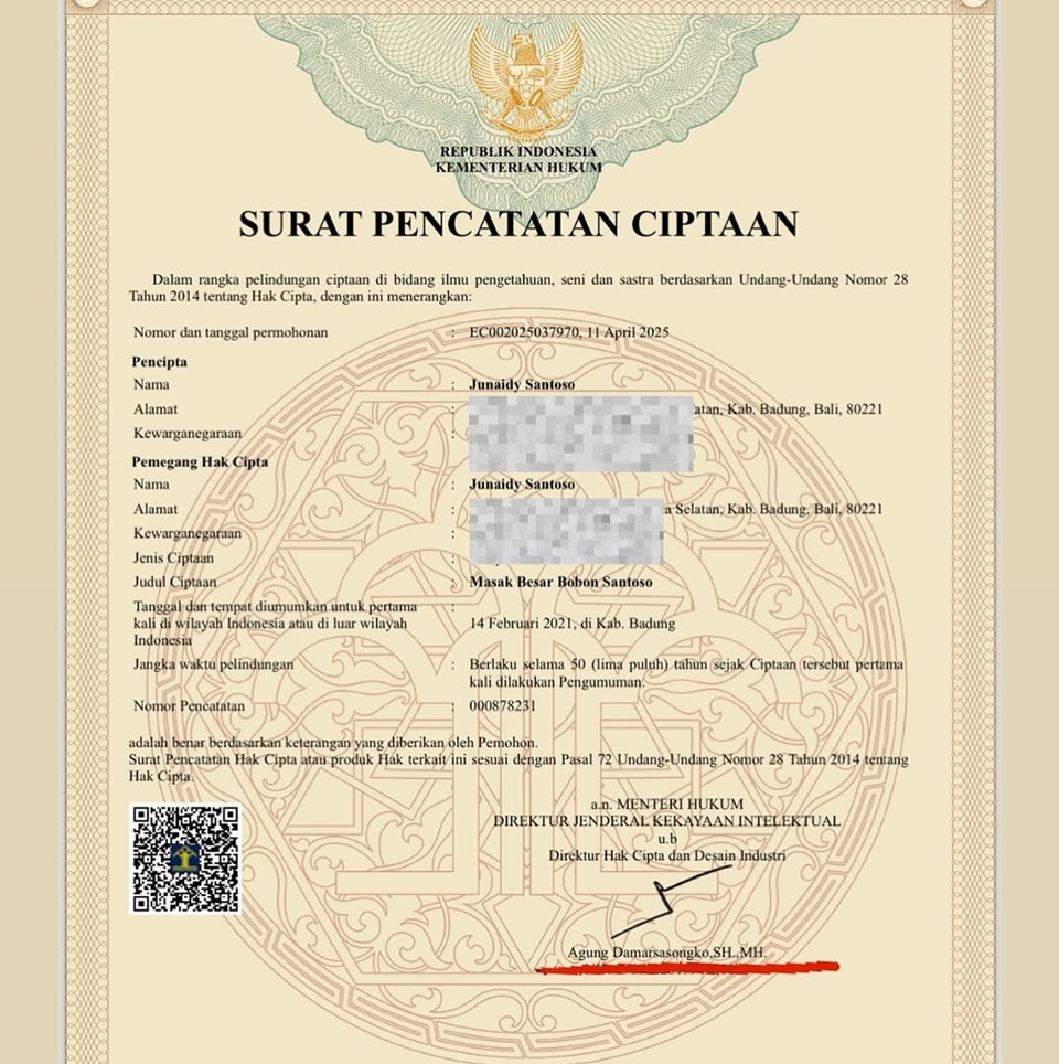 Bobon Santoso Patenkan Hak Cipta Konten Masak Besar [Instagram]