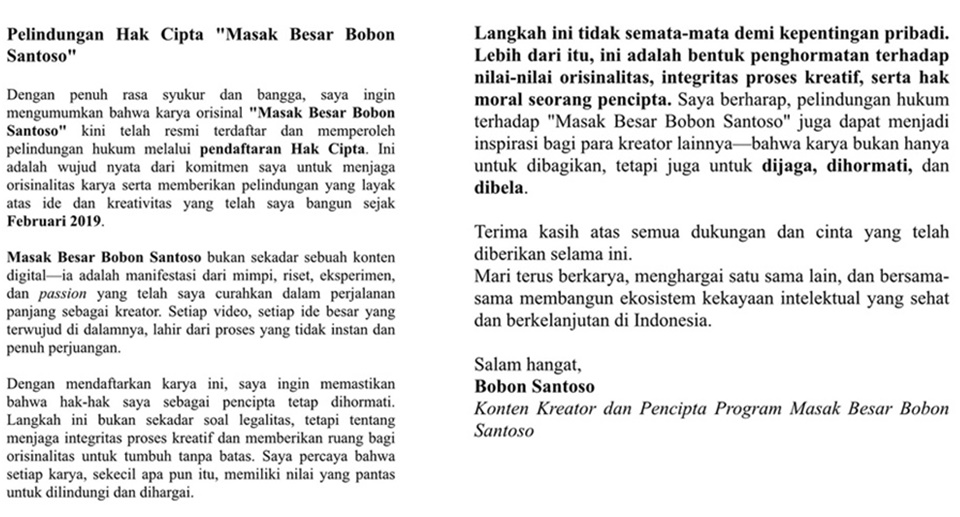Bobon Santoso Patenkan Hak Cipta Konten Masak Besar [Instagram]