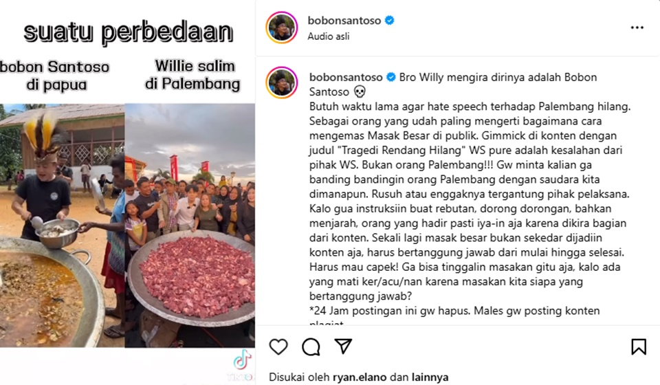 Bobon Santoso Kritik Konten Rendang Hilang Willie Salim [Instagram]