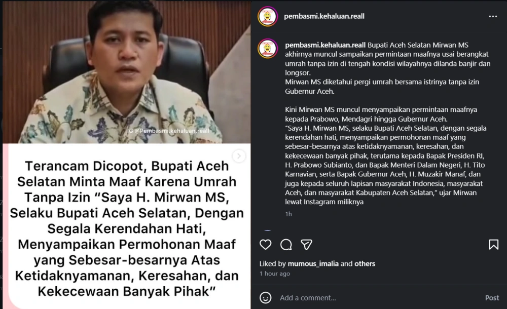 Bupati Aceh Selatan Mirwan Ms Minta Maaf Cc Instagram
