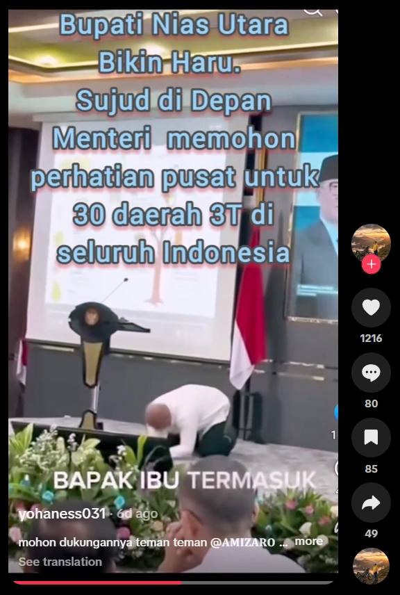 Bupati Nias Utara Sujud Saat Ungkap Kondisi Daerah 3t [Sumber: Tiktok]