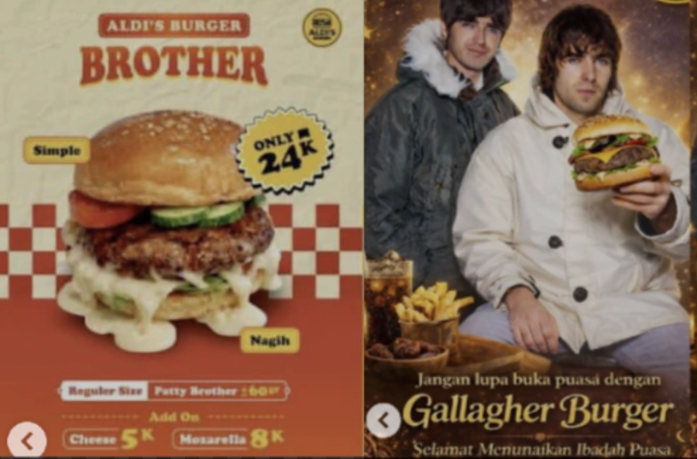 Burger Aldi Taher dan promosinya yang menampilkan Liam dan Noel Gallagher. [Instagram]