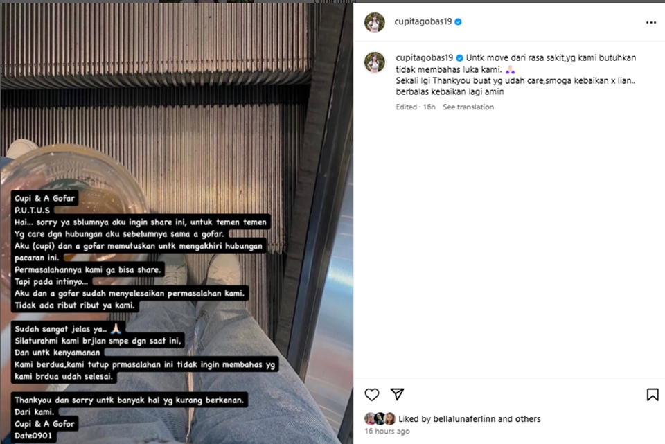 Cupi Cupita Umumkan Putus Dari Gofar Hilman