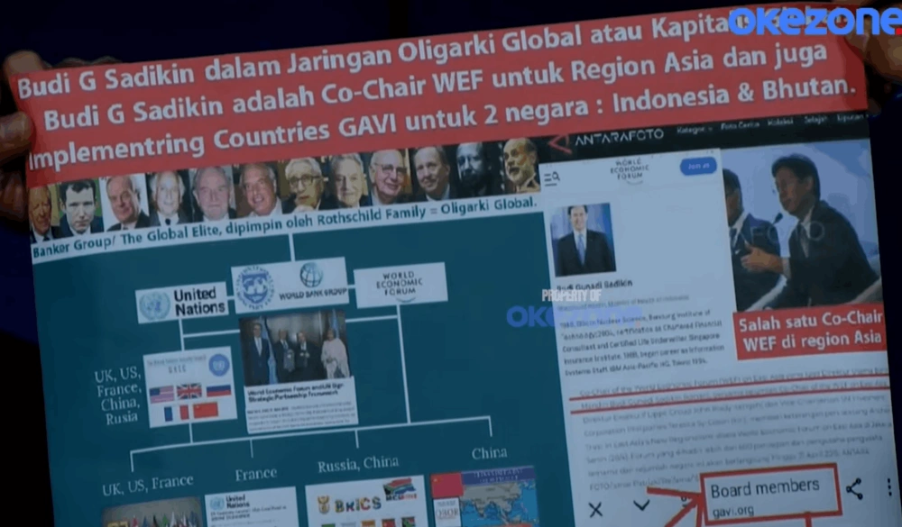 Data dugaan konspirasi global yang melibatkan nama Budi Gunadi Sadikin disajikan oleh Dharma Pongrekun. [YouTube/Okezone]