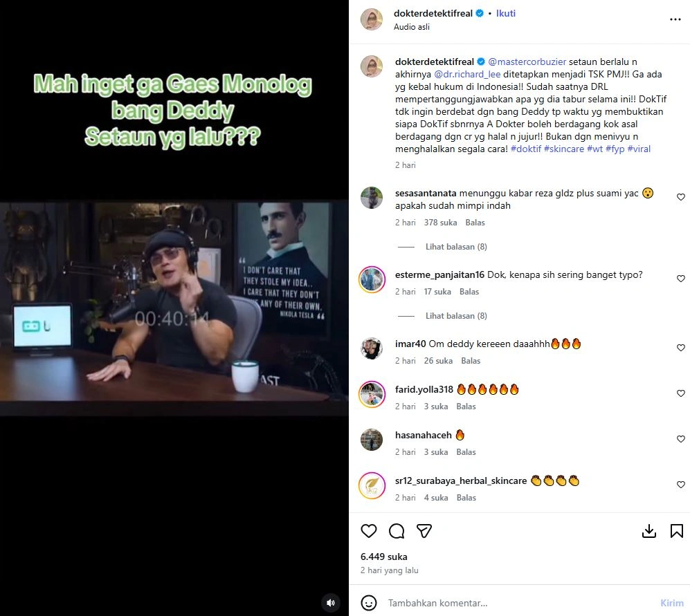 Deddy Corbuzier Pernah Beri Sindiran Pada Richard Lee [sumber: Instagram Dokterdetektifreal]