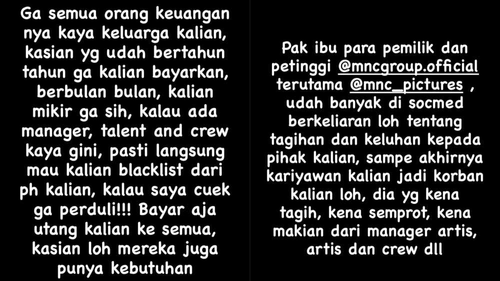 Dery Syaputra Raeger Secara Terbuka Menagih Hak Gaji Para Kru Dan Pemain Kepada Bos MNC Group [Sumber: Instagram]
