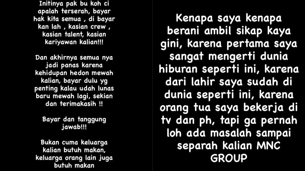 Dery Syaputra Raeger Secara Terbuka Menagih Hak Gaji Para Kru Dan Pemain Kepada Bos MNC Group [Sumber: Instagram]