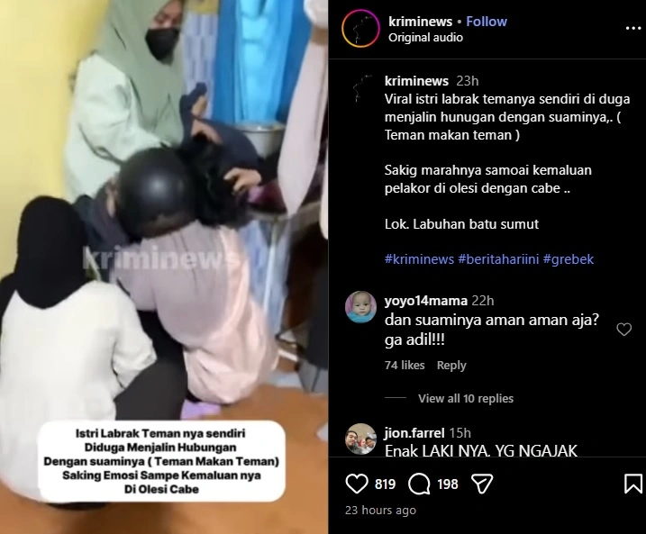 Detik-detik istri sah labrak pelakor. cr: Instagram @kriminews