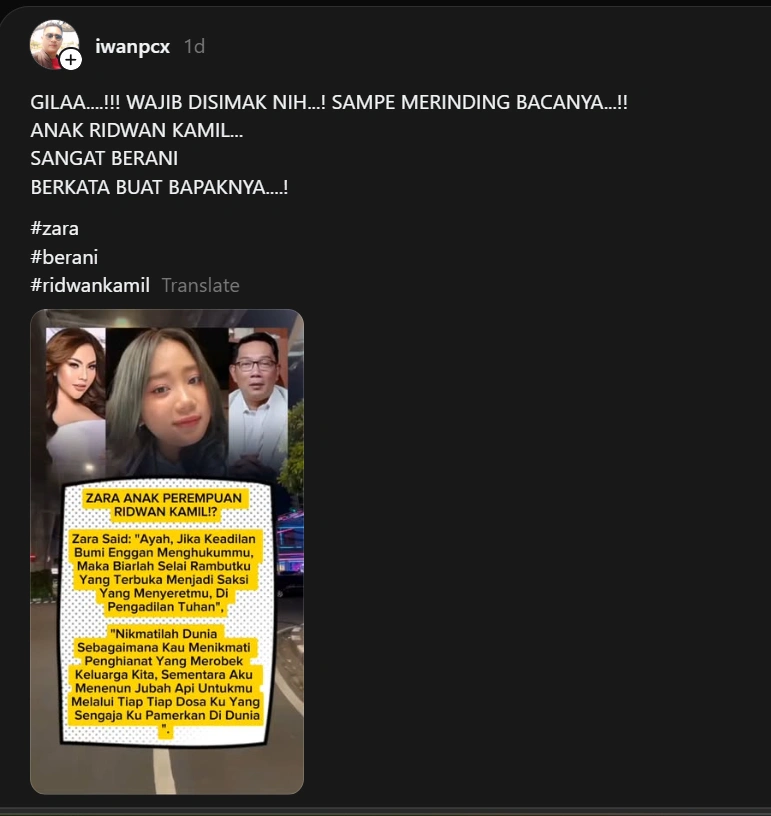 Diduga Ungkapan Hati Zara [Sumber: Threads]