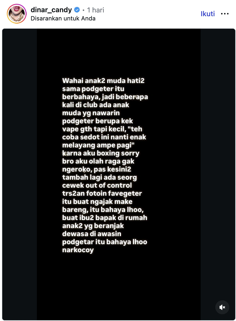Dinar Candy ungkap soal podgeter pod Isi zat berbahaya. [Instagram]