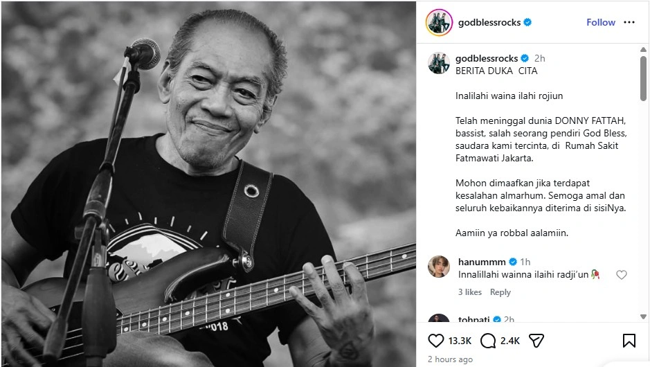 Kabar duka datang dari Donny Fattah, basist band legendaris God Bless. [Instagram]