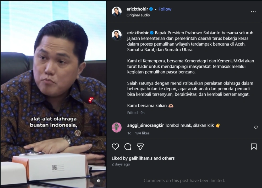 Erick Thohir Akan Kirim Alat Olahraga Untuk Korban Banjir Cc Instagram