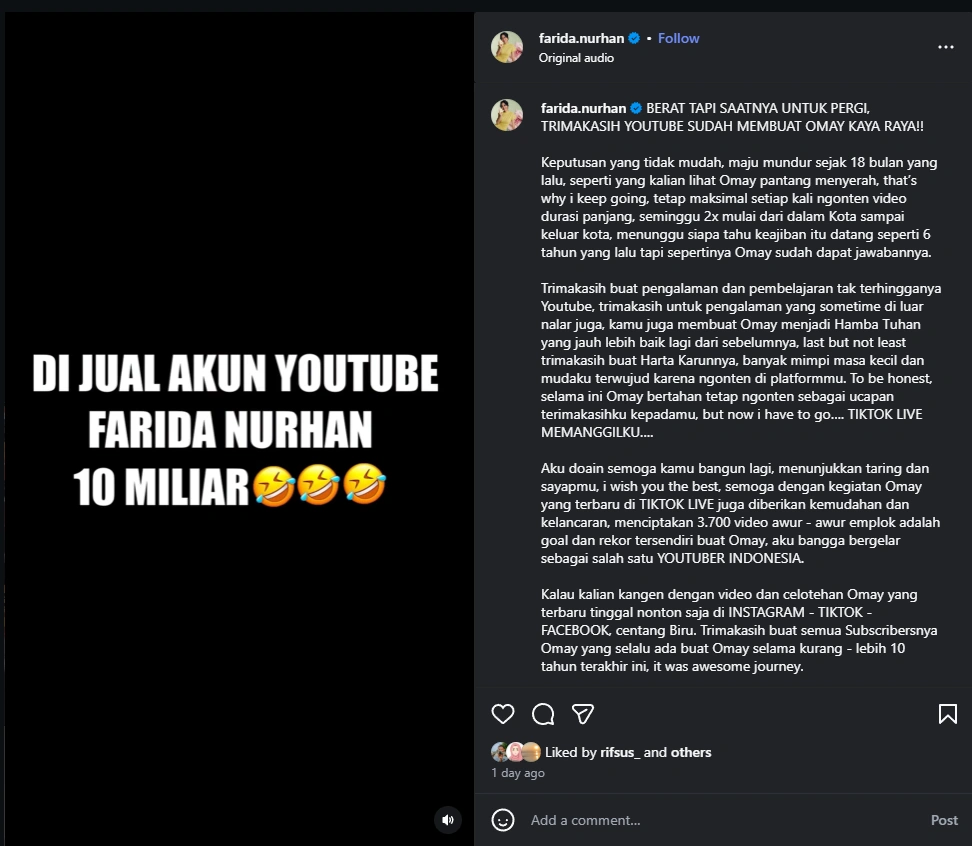 Farida Nurhan Jual Channel Youtube [Sumber: Instagram]