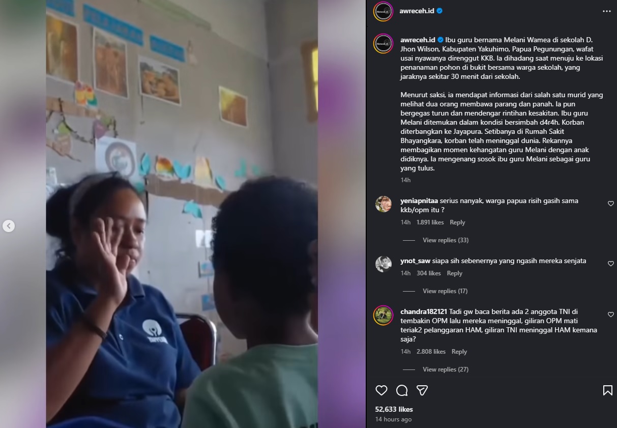 Pelukan terakhir guru di Papua sebelum dibunuh KKB. cr: Instagram @awreceh.id