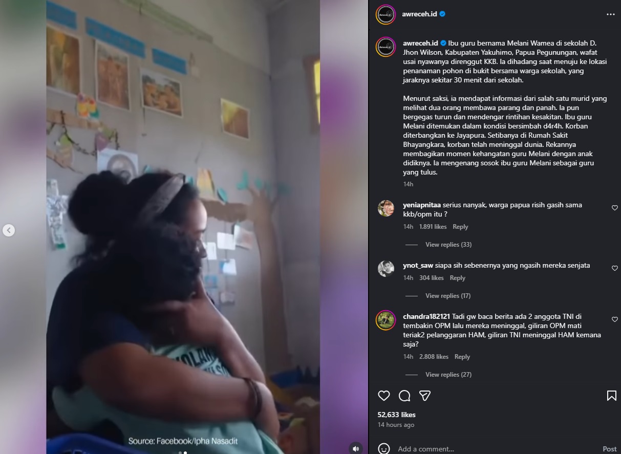 Pelukan terakhir guru di Papua Pegunungan sebelum dibunuh KKB. cr: (Instagram @awreceh.id)