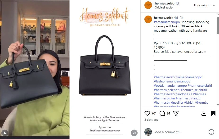 Harga Tas Mewah Amanda Manopo [sumber: Instagram Hermes Selebritii]