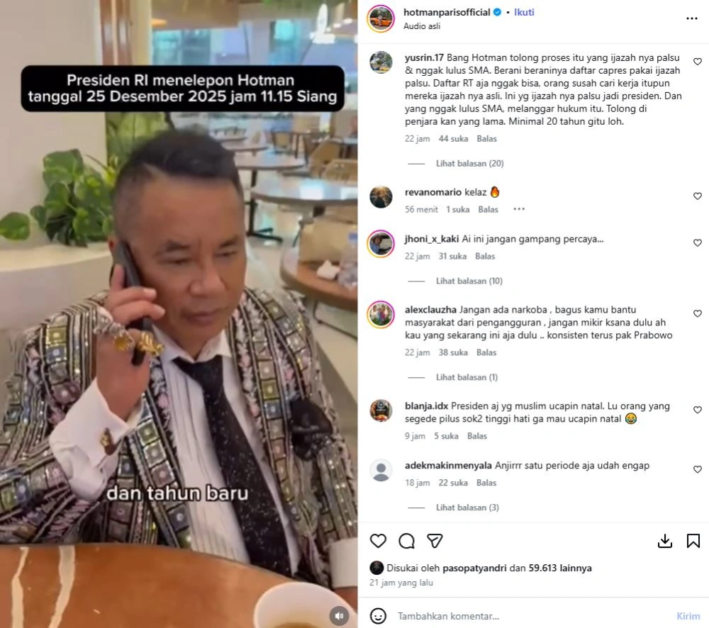 Hotman Paris Ditelpon Prabowo [Sumber: Instagram Hotmanparisofficial]