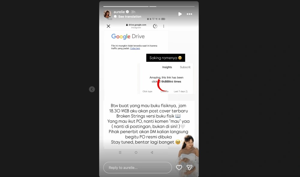 IG Story Aurelie Moeremans Soal Rencana Rilis Buku Fisik Broken Strings. [Instagram]