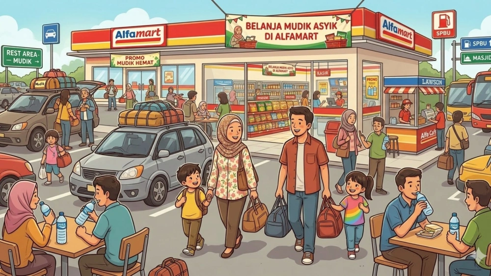 Ilustrasi belanja di Alfamart saat mudik.Lebaran. [Gemini AI]